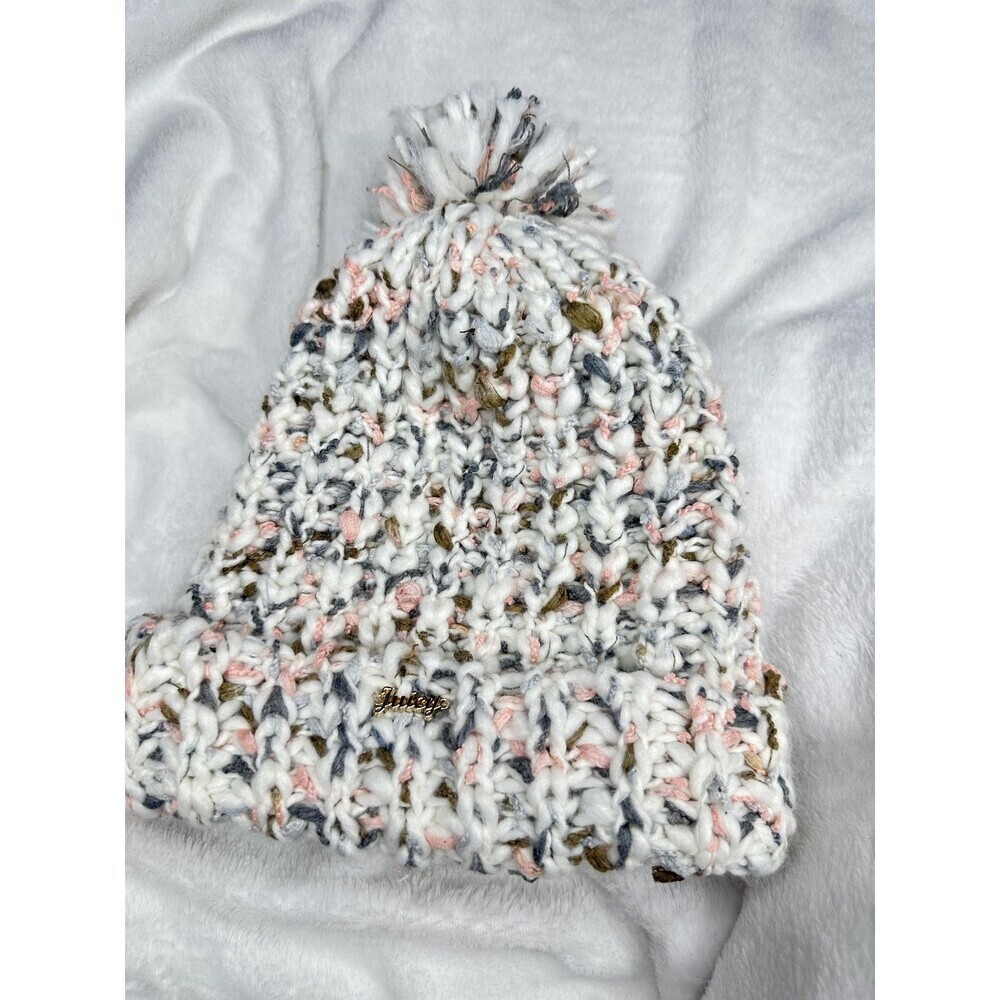 Juicy Couture Hat Beanie Pom Pom Womens One Size White Chunky Knit Logo Winter